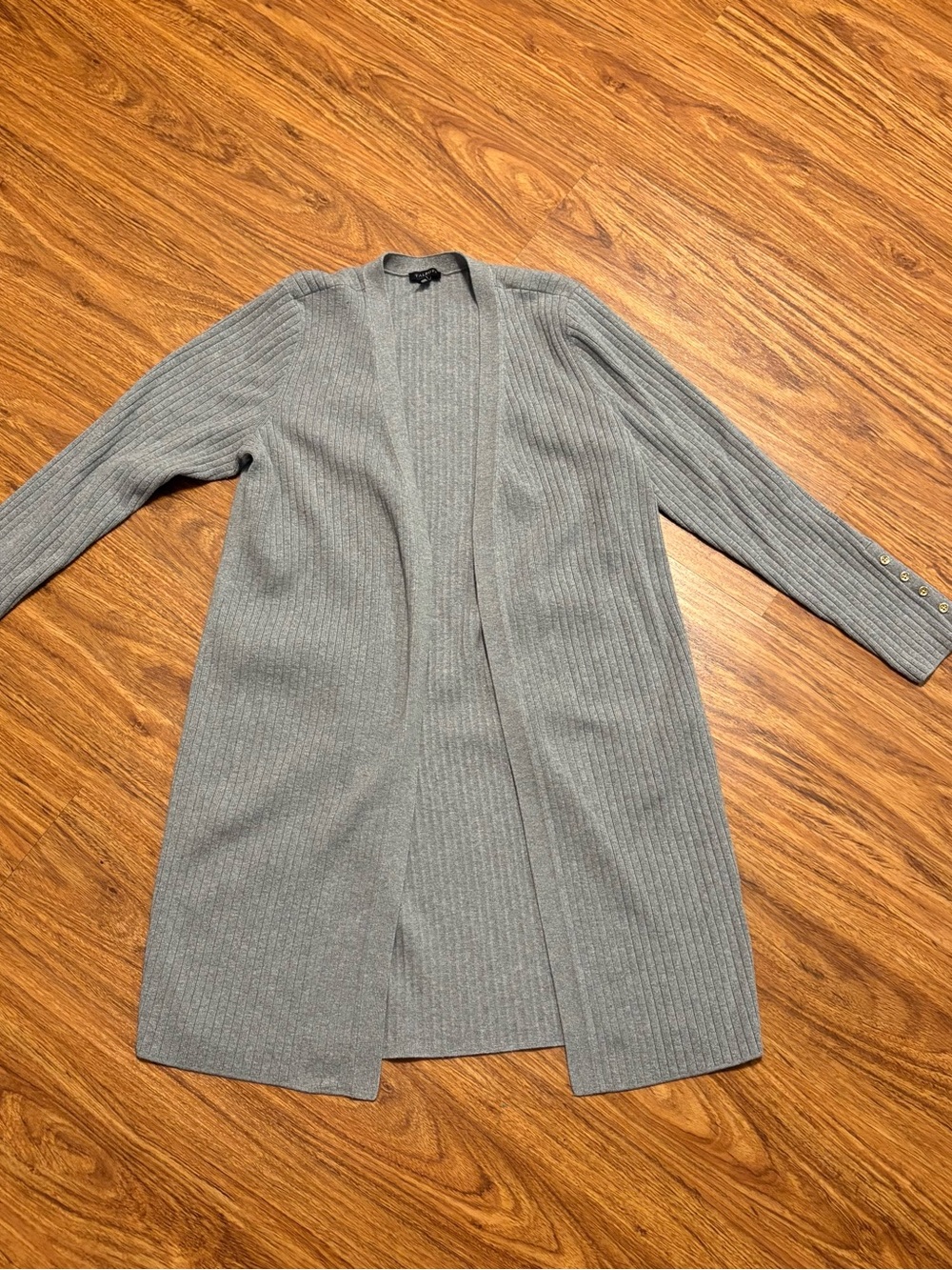 Talbots Long Ribbed Open-Front Cardigan With Gold Buttons - Gray - Size M
